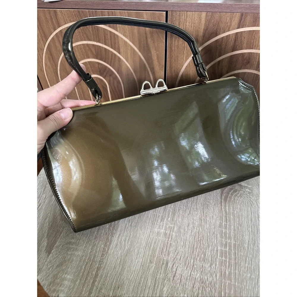 Vintage 1950's '60's Patent Olive Green Purse